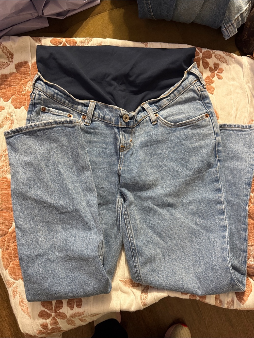 Abercrombie & Fitch Light Blue Maternity Straight Leg Jeans with Navy Panel